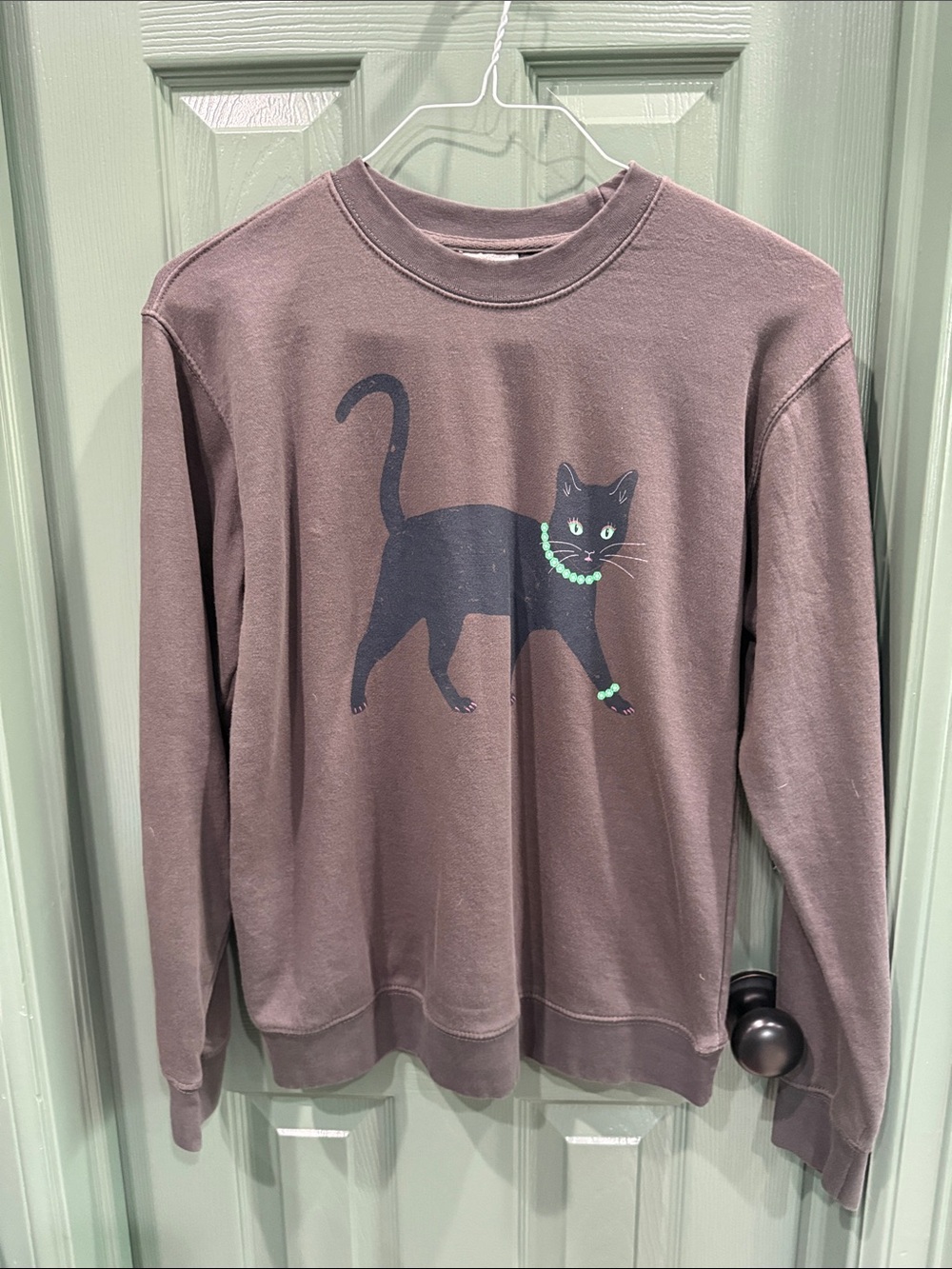 Brown Crewneck Sweatshirt with Black Cat Graphic